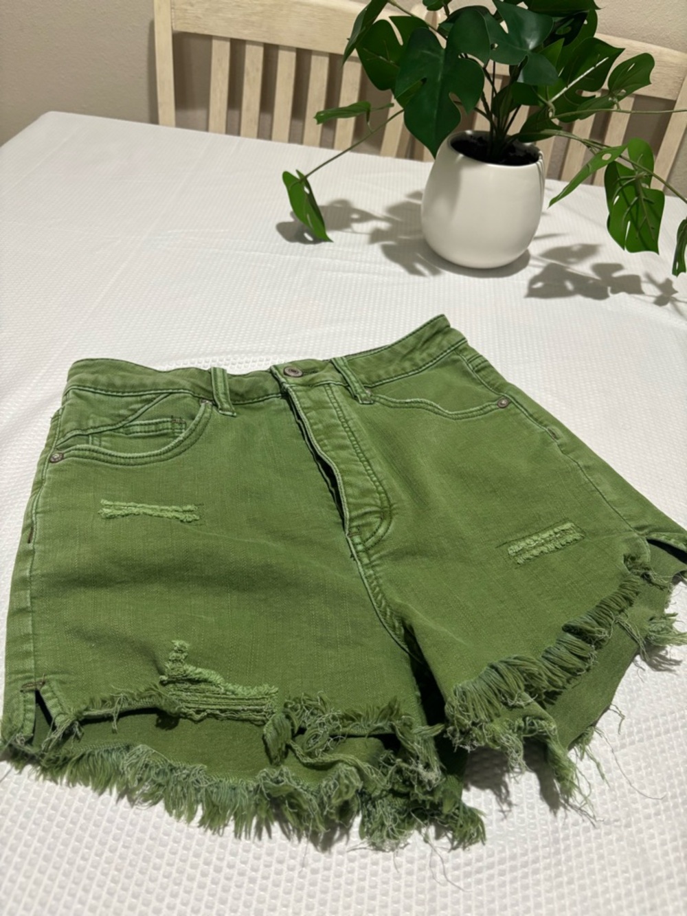 We The Free Olive Green Distressed Frayed Hem Jean Shorts